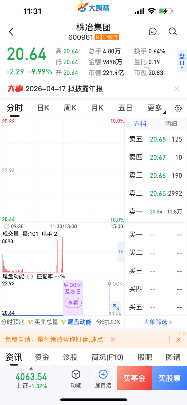 锡业股份今日跌停 四机构合计卖出4.73亿元